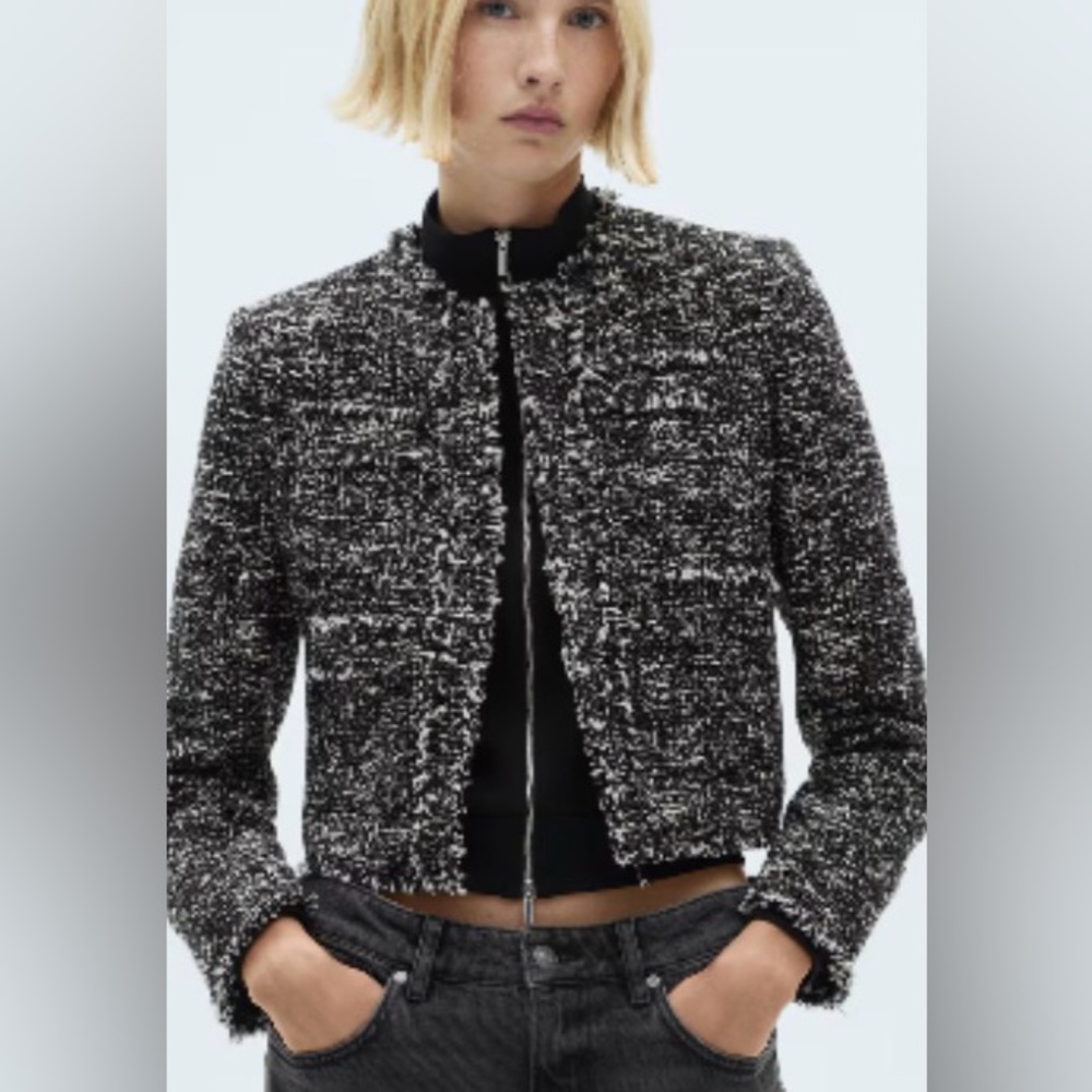 Mango Black And White Tweed Blazer With Fringed Edges Size S NWT